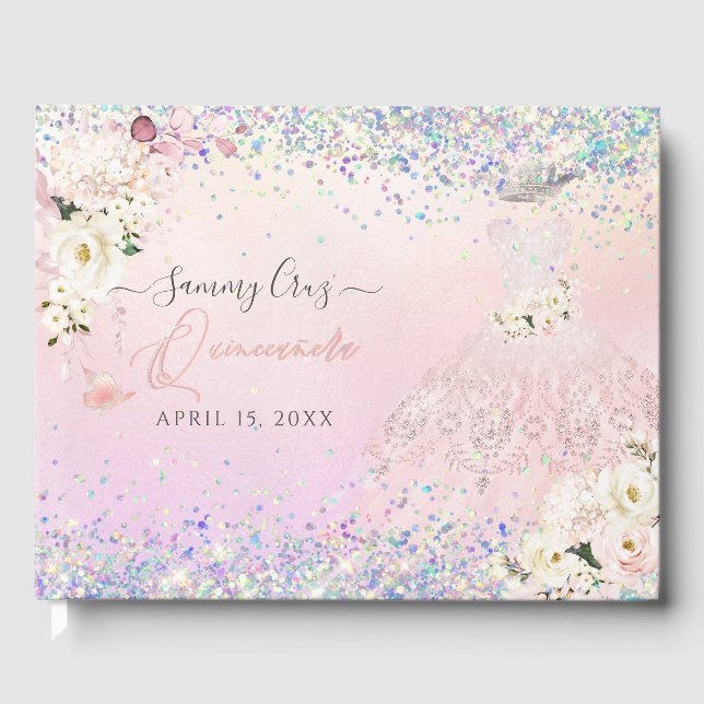 Libro De Visitas Vestido de quinceañera con brillo de princesa Rosa (Anverso)