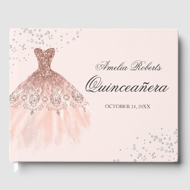 Libro De Visitas Vestido espumoso Rosa Oro Quinceanera Invitado (Anverso)