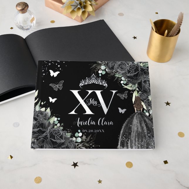 Libro De Visitas Vestido floral negro mariposas Quiñera (Anverso Abierto)