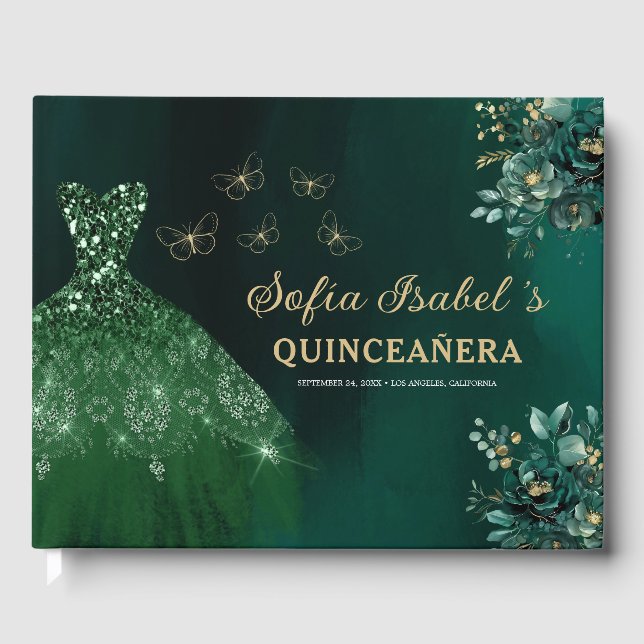 Libro De Visitas Vestido Floral Verde Esmeralda Cumpleaños Quinceañ (Anverso)