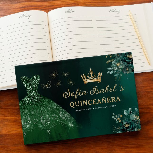 Libro De Visitas Vestido verde esmeralda floral Cumpleaños Quincean (Subido por el creador)