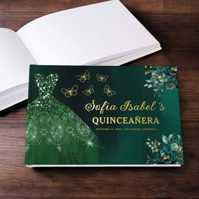 Libro De Visitas Vestido verde esmeralda floral Cumpleaños Quincean (Subido por el creador)
