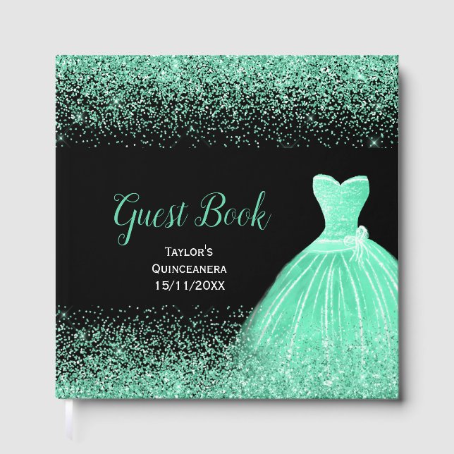 Libro De Visitas Vestido Verde Menta Brillo Falso Quinceanera (Anverso)
