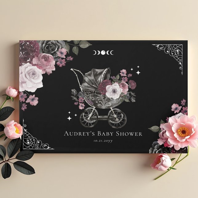 Libro De Visitas Viñeta Floral Black Gothic Stroller Baby Shower (Vintage Floral Black Gothic Stroller Baby Shower Guest Book)