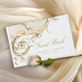 Libro De Visitas Vintage Gold Floral Damask Script White Boda