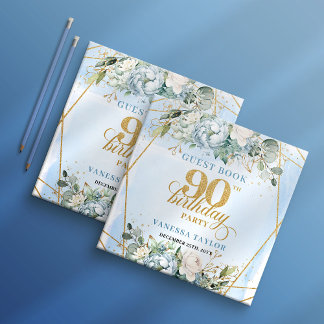 Libro De Visitas Vintage Gold Glitter Frame Dusty Blue 90 Birthday