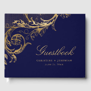 Libro De Visitas Vintage Navy Blue Gold Floral Damask Wedding