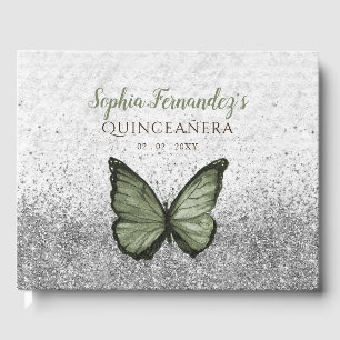 Libro De Visitas Vintage Olive Sage Silver Butterfly Quinceañera