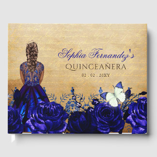 Libro De Visitas Vintage Princesa Azul Real Mariposa Quinceañera 