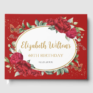 Libro De Visitas Vintage Red Peonies Floral Butterflies Cumpleaños
