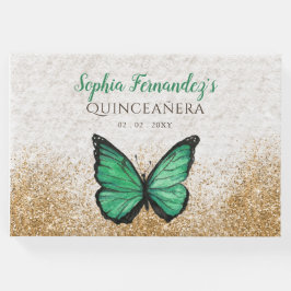 Libro De Visitas Vintage Verde Oro Mariposa Quinceañera