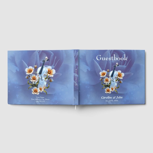 Libro De Visitas Violín blanco con flores - Música elegante y natur (Lleno)