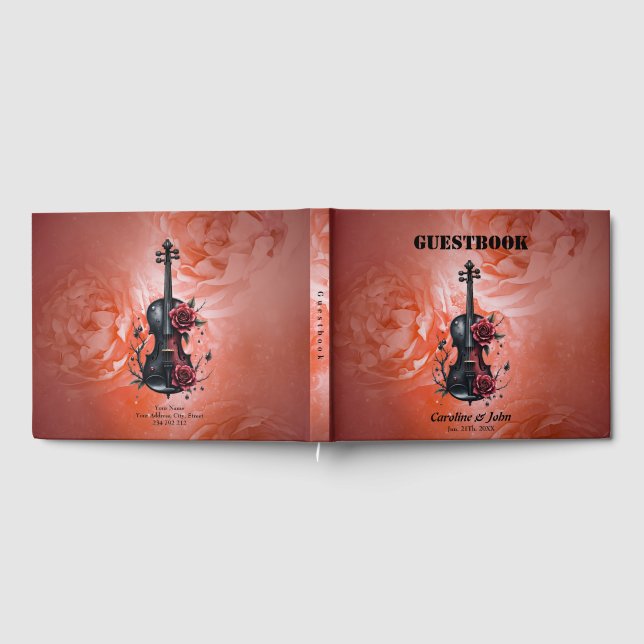 Libro De Visitas Violín negro gótico con rosas rojas (Lleno)