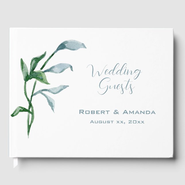 Libro De Visitas Watercolor Blue Green Leaves Elegante Boda (Anverso)