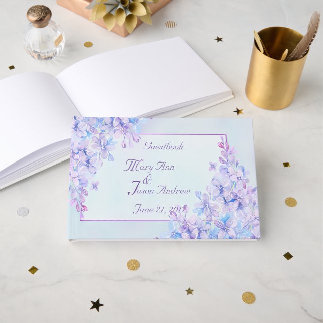Libro De Visitas Watercolor Blue Purple Lilac Flower Guestbook (Anverso Abierto)