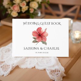 Libro De Visitas Watercolor Coral Red Hibiscus Tropical Wedding 