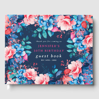 Libro De Visitas Watercolor Floral 30th Birthday Guest Book Navy