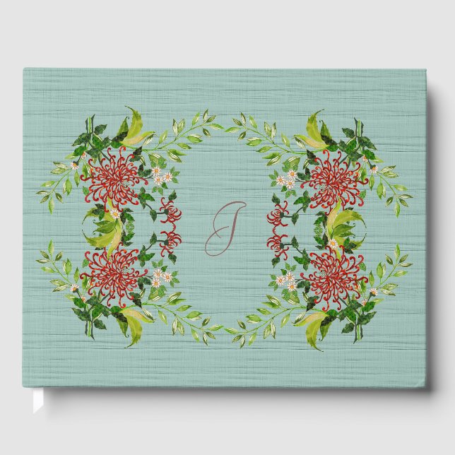 Libro De Visitas Watercolor Red Gerbera Daisy con vegetación (Anverso)