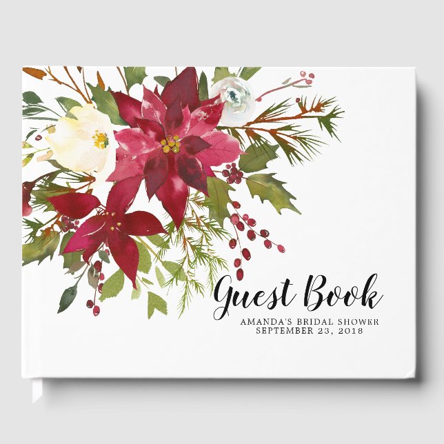 Libro De Visitas Watercolor Red Poinsettia Holly Bridal Shower (Anverso)