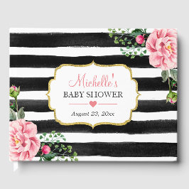 Libro De Visitas Watercolor Rubor Rayas florales rosadas Baby Showe