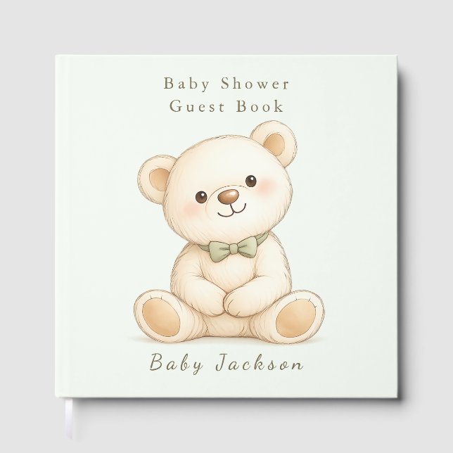 Libro De Visitas Watercolor Teddy Bear Sage Green (Anverso)