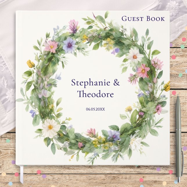 Libro De Visitas Watercolor Wildflower Wreath Personalized Wedding (A personalized wedding guest book with a wildflower wreath design in a watercolor style)