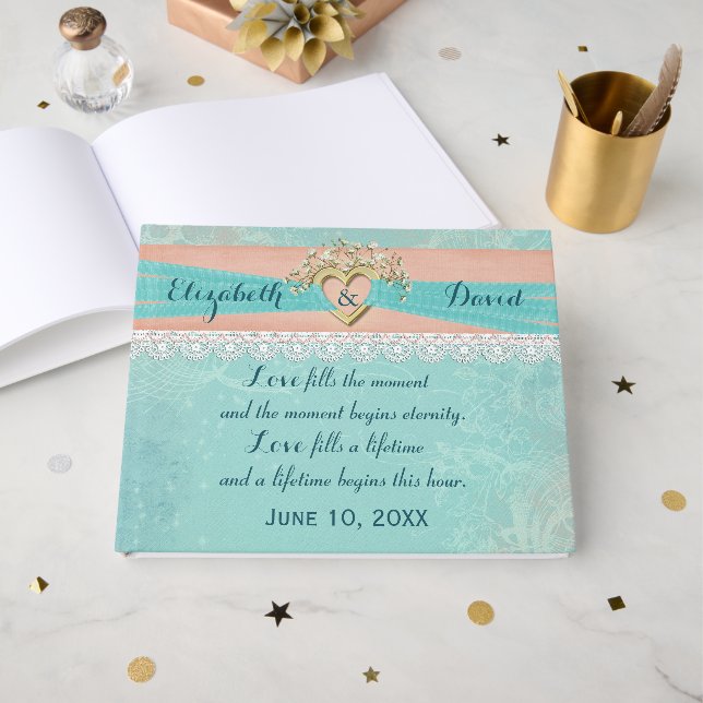 Libro De Visitas Wedding Gold Heart and Ribbon (Anverso Abierto)