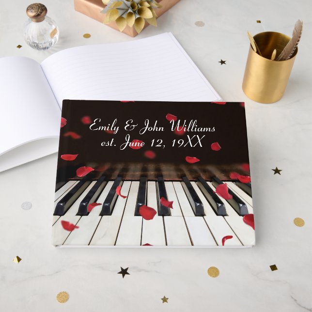 Libro De Visitas Wedding Red Rose Petals on Piano Keys (Anverso Abierto)