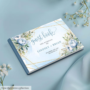 Libro De Visitas Whimsical Dusty Blue White Gold Peonies Guest Book