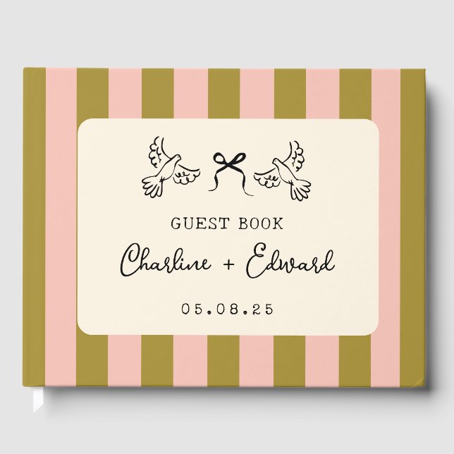 Libro De Visitas Whimsical Pink Green Striped Scribble wedding (Anverso)