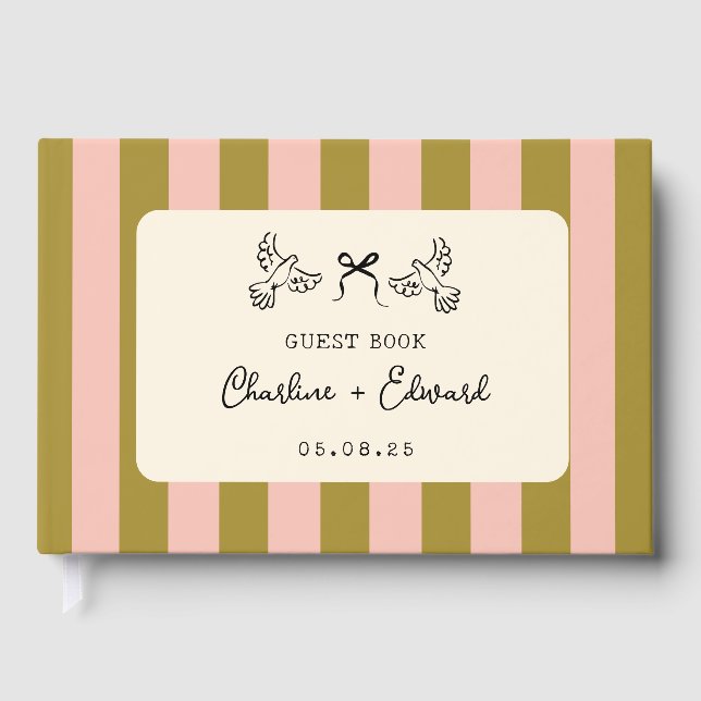 Libro De Visitas Whimsical Pink Green Striped Scribble Wedding (Anverso)