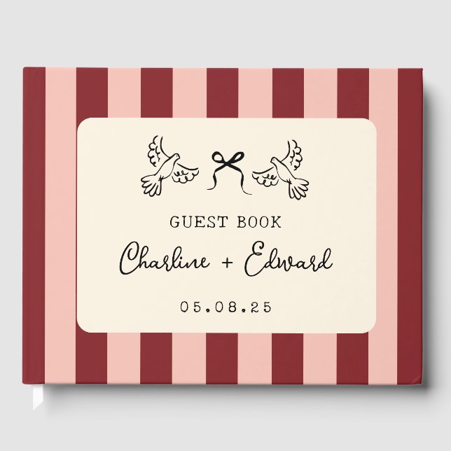 Libro De Visitas Whimsical Red and Blush Pink Striped Wedding  (Anverso)