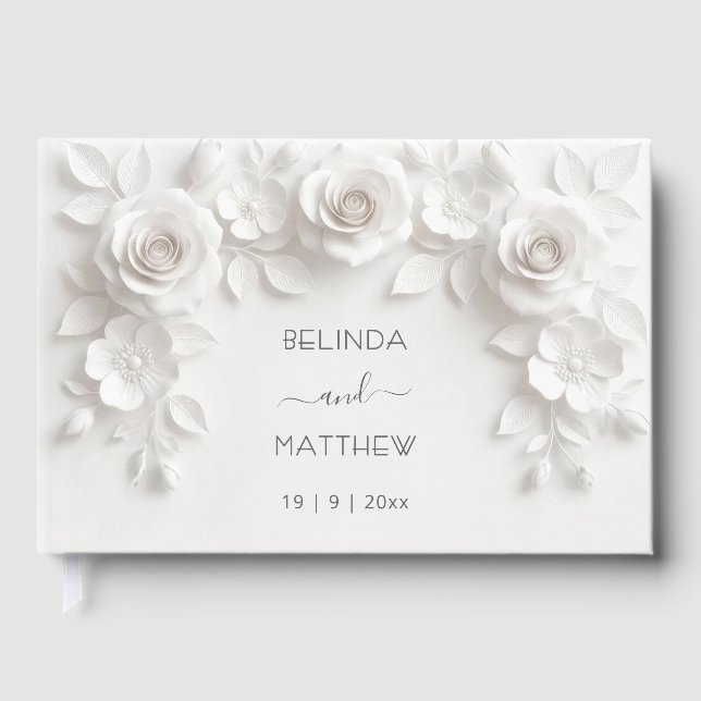 Libro De Visitas White 3D Floral Roses | Wedding (Anverso)