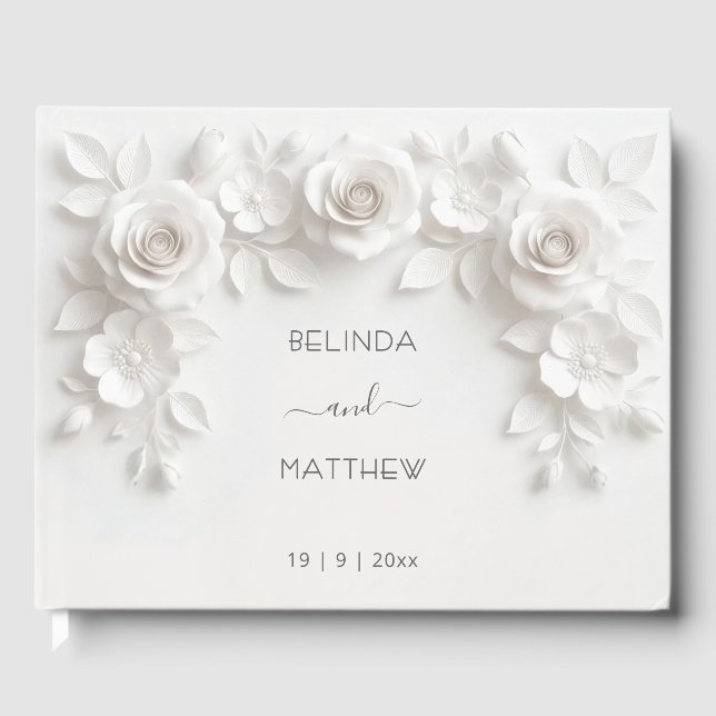 Libro De Visitas White 3D Floral Roses | Wedding (Anverso)