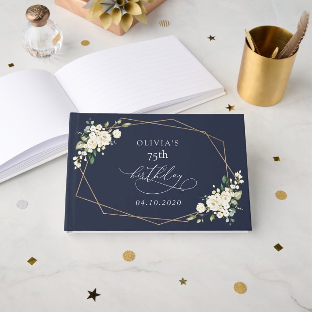 Libro De Visitas White Flowers, Cream Flowers, Boho, Birthday (Anverso Abierto)