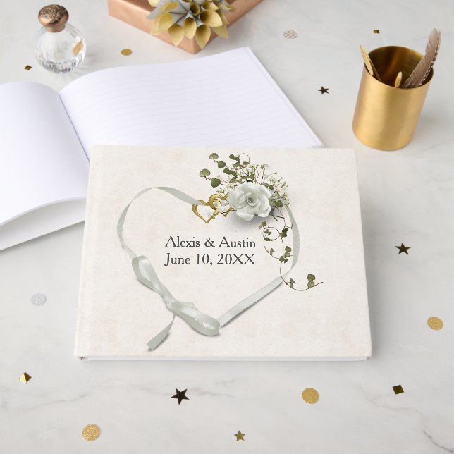 Libro De Visitas White Rose and Heart With Scripture Verse (Anverso Abierto)