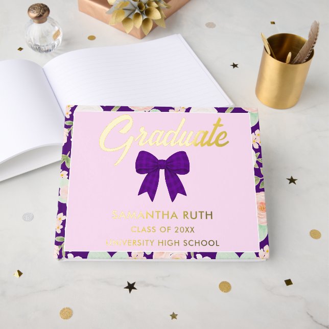 Libro De Visitas Wildflower Purple Gingham Bow Graduation Party (Anverso Abierto)