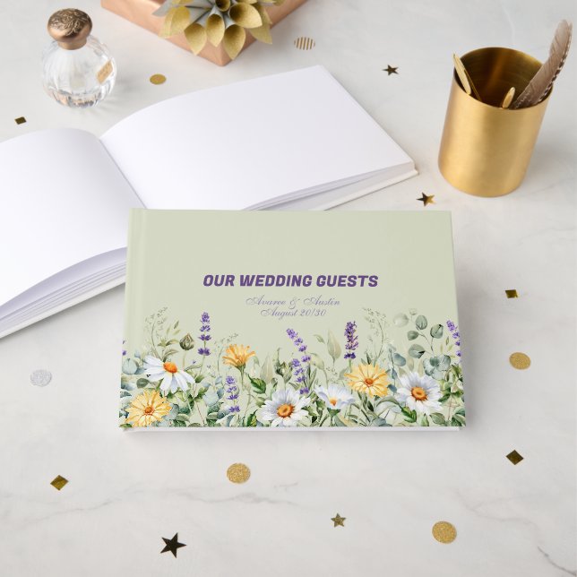 Libro De Visitas Wildflowers Border Yellow White Purple Wedding (Anverso Abierto)