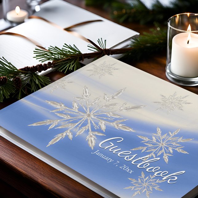Libro De Visitas Wind Snowflakes Winter White & Blue Snowday (Winter wedding guestbook blue crystal snowflakes)