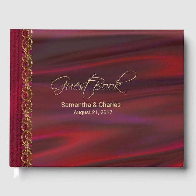 Libro De Visitas Wine Red Satin and Gold Look Boda (Anverso)