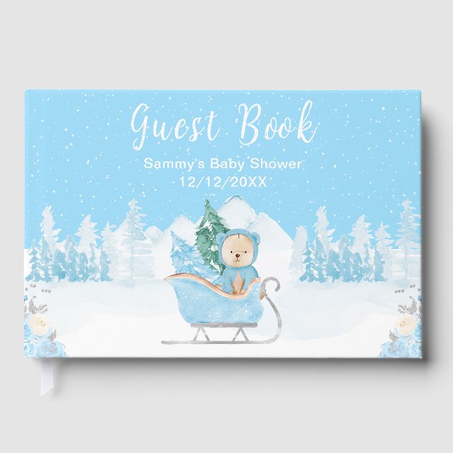 Libro De Visitas Winter Bear Blue Sleigh Baby Shower (Anverso)