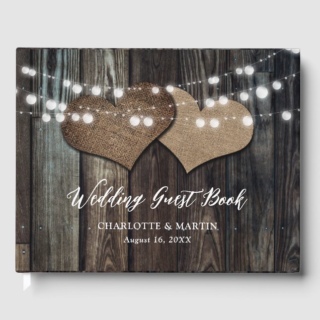 Libro De Visitas Wood Burlap Corazones String iluminan el campo Bod (Anverso)