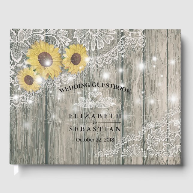 Libro De Visitas Wood Sunflower Lace String Light Boda Guestbook (Anverso)