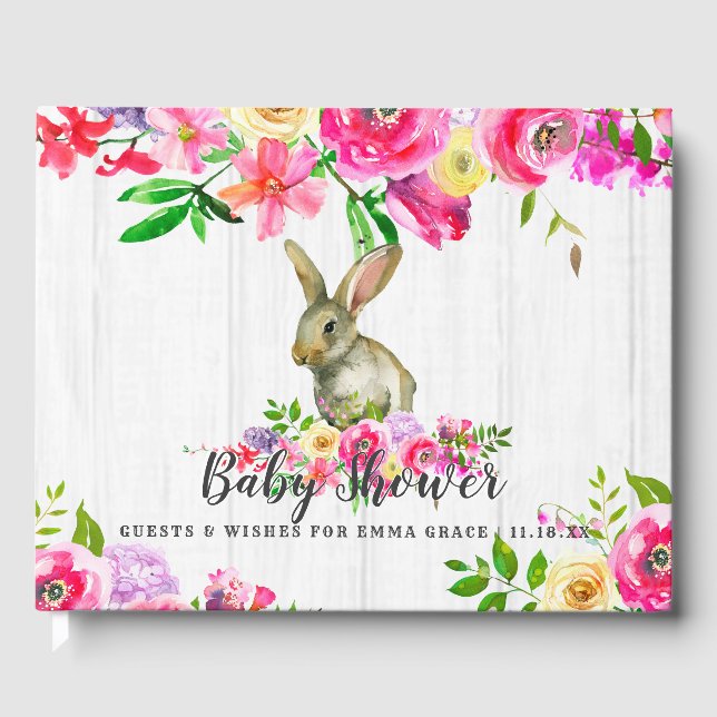 Libro De Visitas Woodland Bunny Rabbit Flor Baby Shower (Anverso)