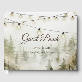 Libro De Visitas Woodland,Forest,Pine Trees,String Lights Boda