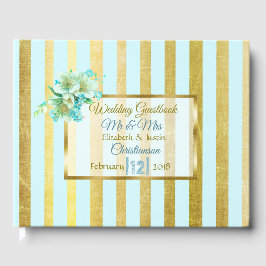 Libro elegante de bodas con rayas azules y doradas