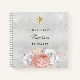 Libro invitado bautismo rosa florines de oro plata