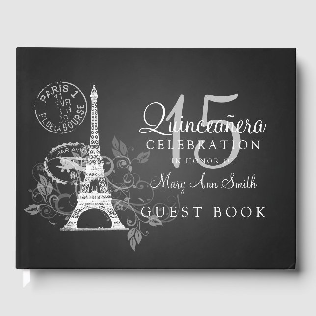 Libro Invitado Quinceanera Fiesta París Negro (Anverso)