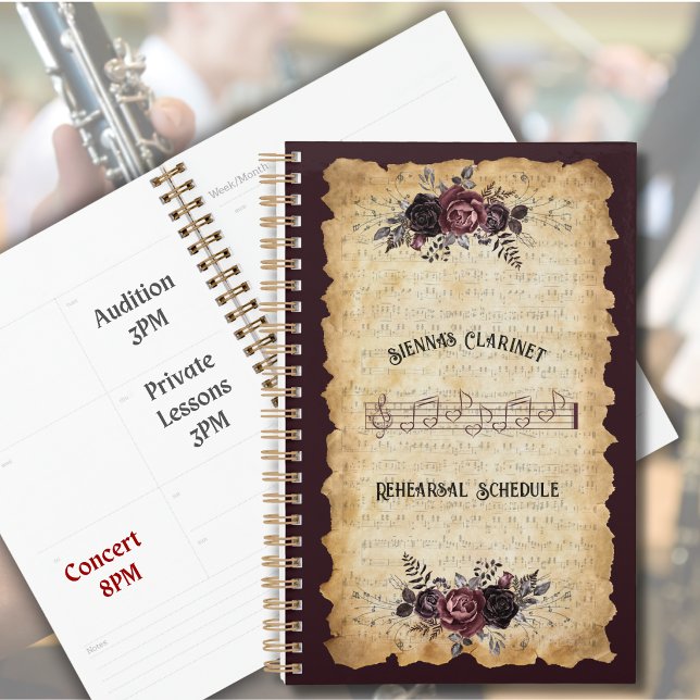 Libro Planificador de Ensayo de Clarinete de Roman (Vintage floral clarinet rehearsal planners offer style and organization for student players.)