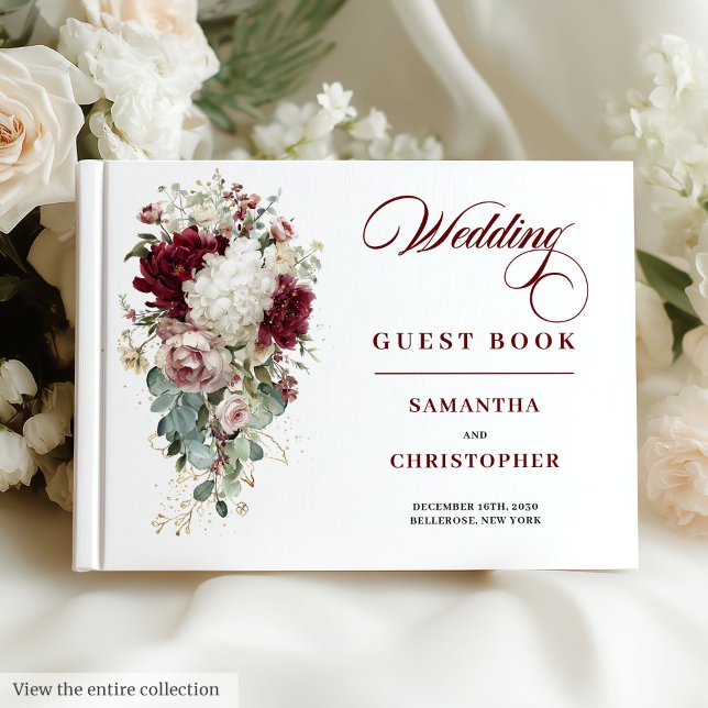 Libro romántico Boho Borgoña Boda blanco (Romantic Boho Burgundy White Wedding Guest Book)
